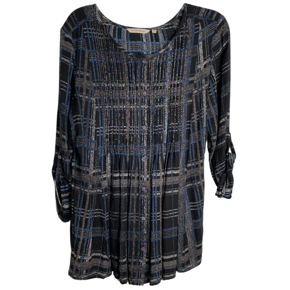 Soft Surroundings Women’s Medium Black Blue Plaid Beaded Campania Tunic Top Boho